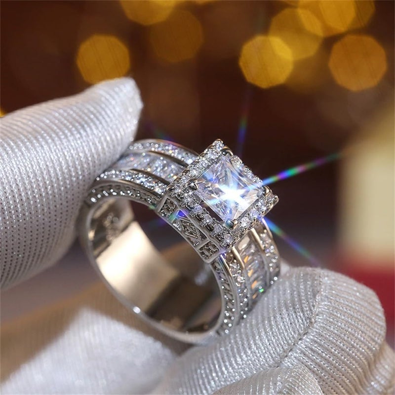 AZQ 925 Sterling Silver Shiny Full Diamond Gemstone Ring Cubic Zirconia Rings CZ Diamond Multi Row Ring Eternity Engagement Wedding Band Ring for Women (US Code 6) - Image 2